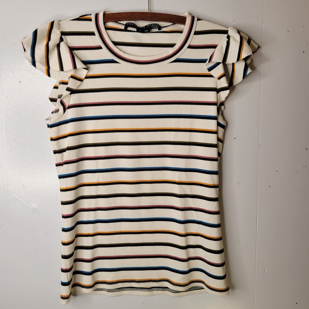 Veronica Beard Jean MultiColor Striped Ruffle Sleeve Ribbed Top Preppy Coastal S - Picture 5 of 15